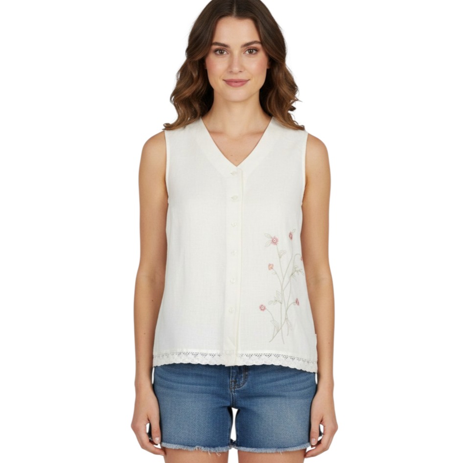 Nwt Vtg Kathie Lee Linen Blend Tank Vest Button-Up Top Embroidery & Lace Sz M